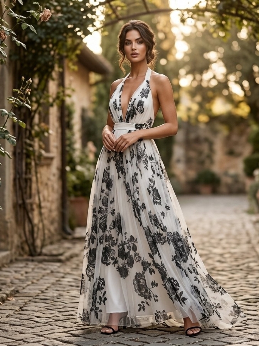Luxxel White and Black Floral Halter Maxi Dress